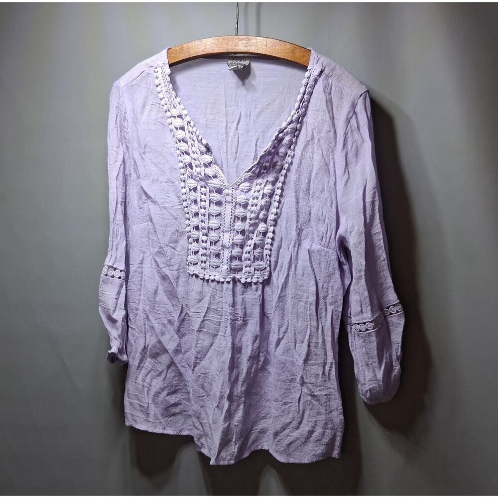 Como Vintage Boho Cottagecore Lavender Crochet Lace V Neck Peasant Blouse Top M